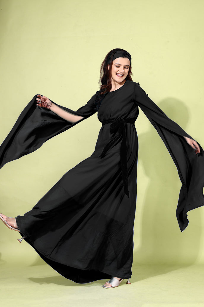 Fit and Flare Georgette Long Dress with Belt & Matching Headband
