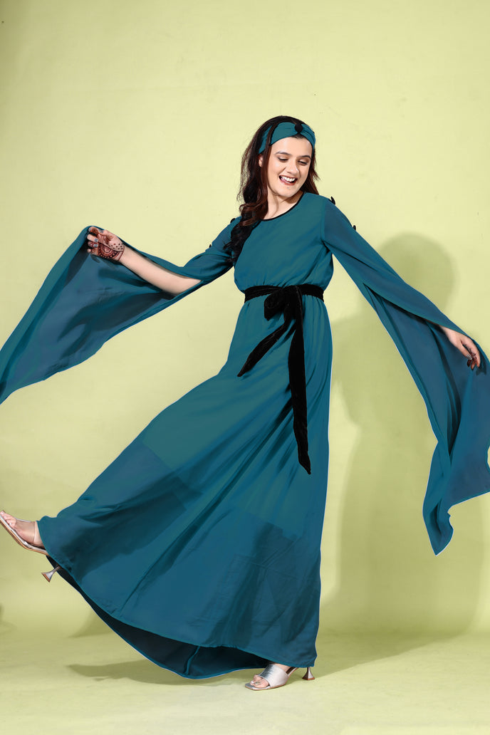 Fit and Flare Georgette Long Dress with Belt & Matching Headband