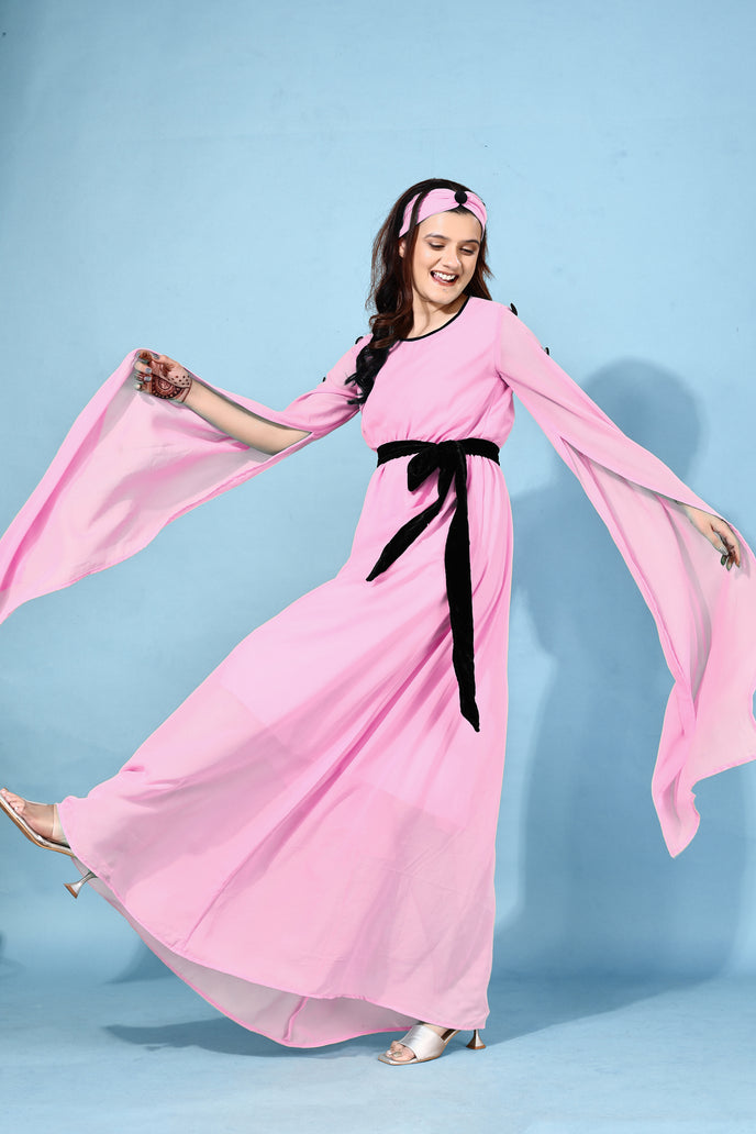 Fit and Flare Georgette Long Dress with Belt & Matching Headband