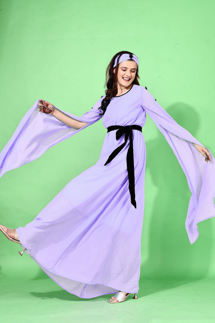 Fit and Flare Georgette Long Dress with Belt & Matching Headband