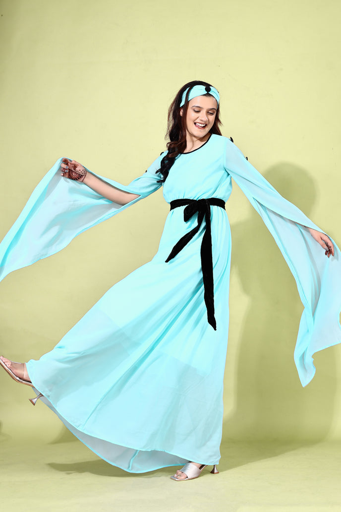 Fit and Flare Georgette Long Dress with Belt & Matching Headband
