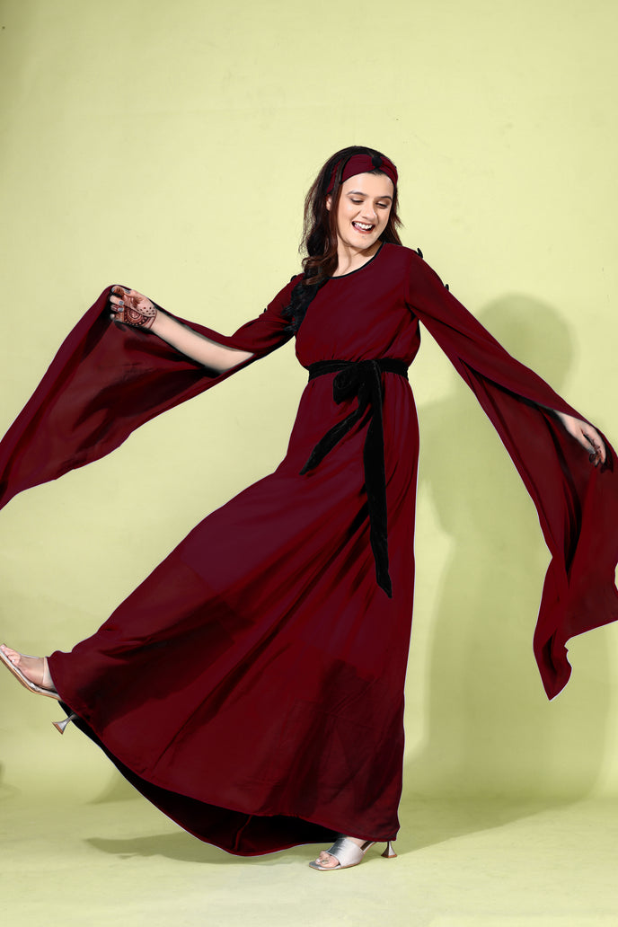 Fit and Flare Georgette Long Dress with Belt & Matching Headband