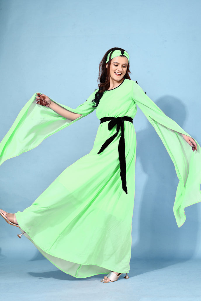 Fit and Flare Georgette Long Dress with Belt & Matching Headband