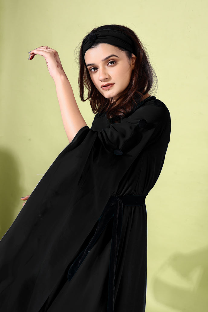 Fit and Flare Georgette Long Dress with Belt & Matching Headband