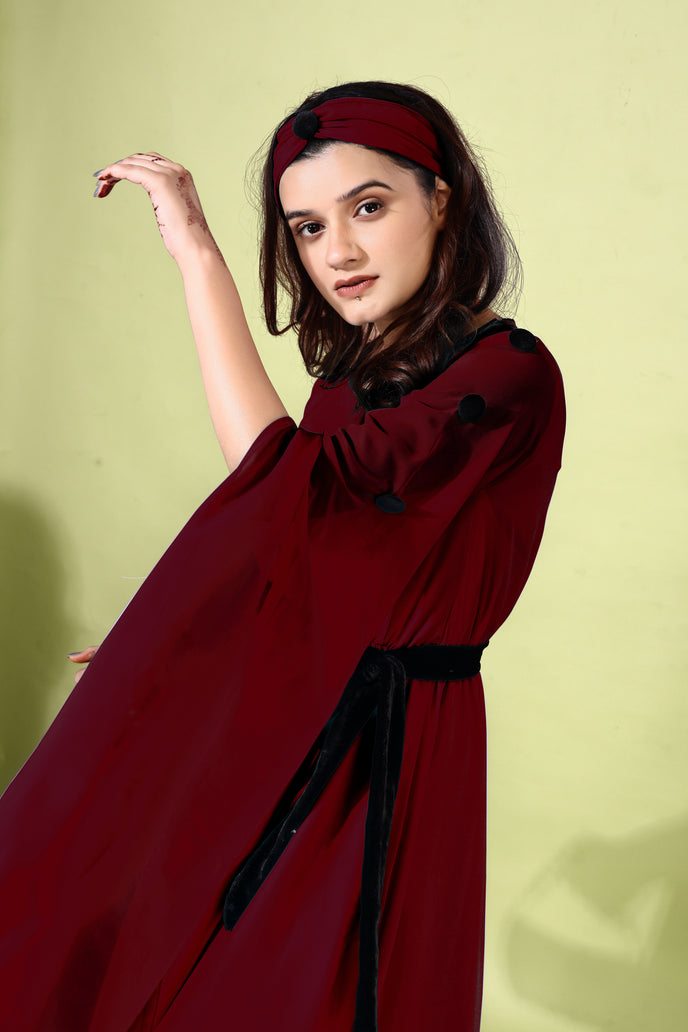 Fit and Flare Georgette Long Dress with Belt & Matching Headband