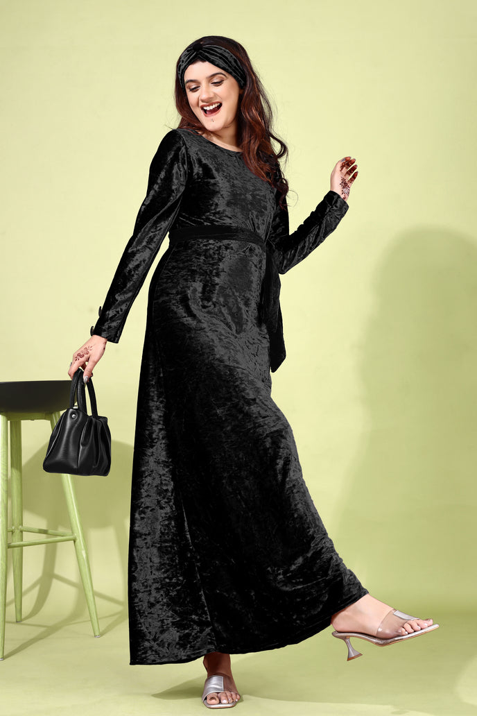 Velvet A-line Western Gown with Headband & Belt
