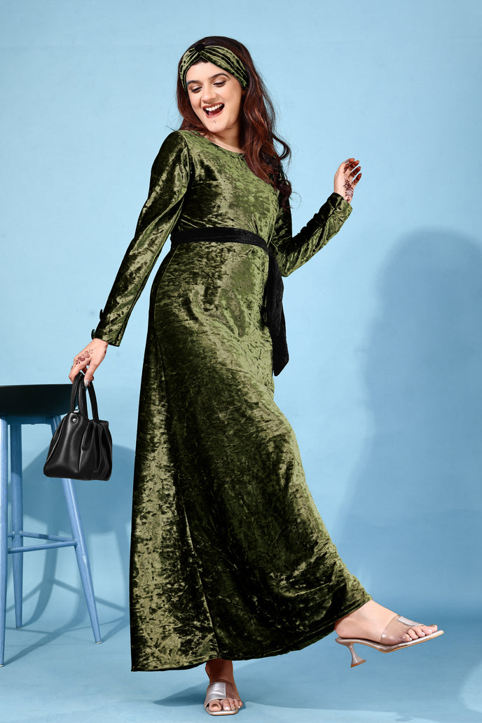 Velvet A-line Western Gown with Headband & Belt
