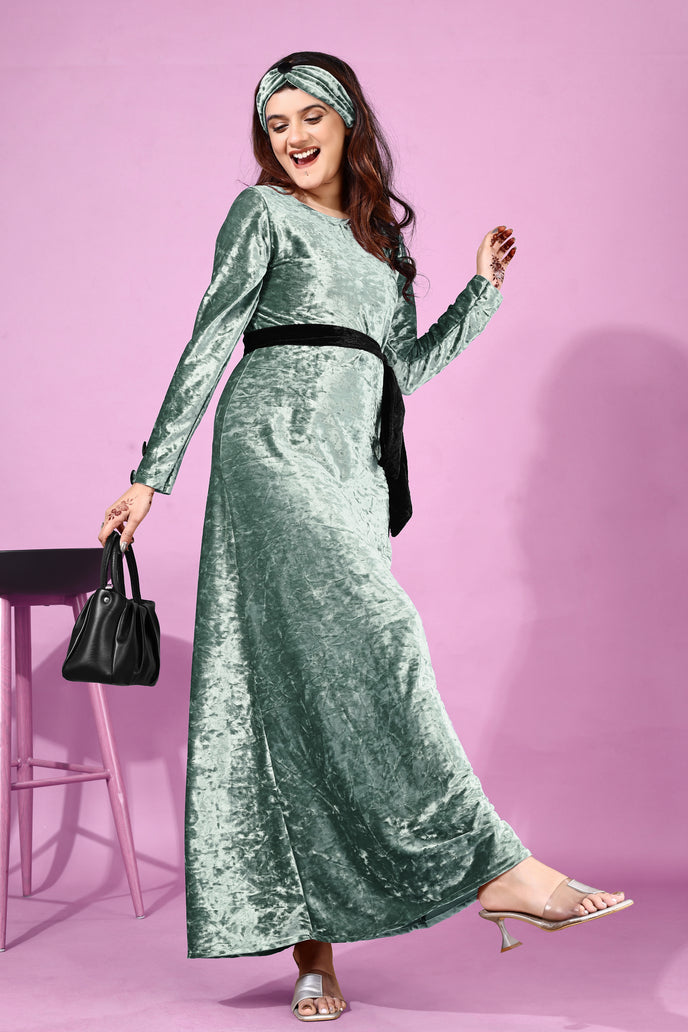 Velvet A-line Western Gown with Headband & Belt