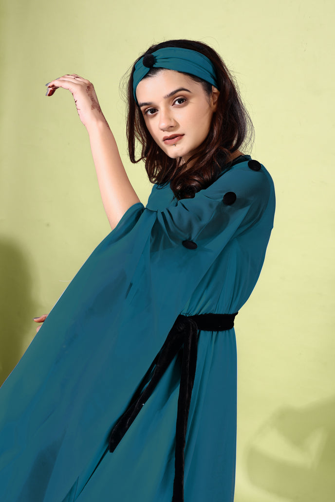 Fit and Flare Georgette Long Dress with Belt & Matching Headband