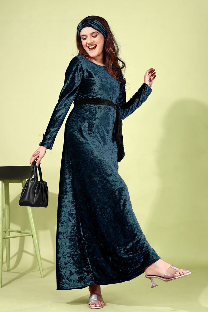 Velvet A-line Western Gown with Headband & Belt