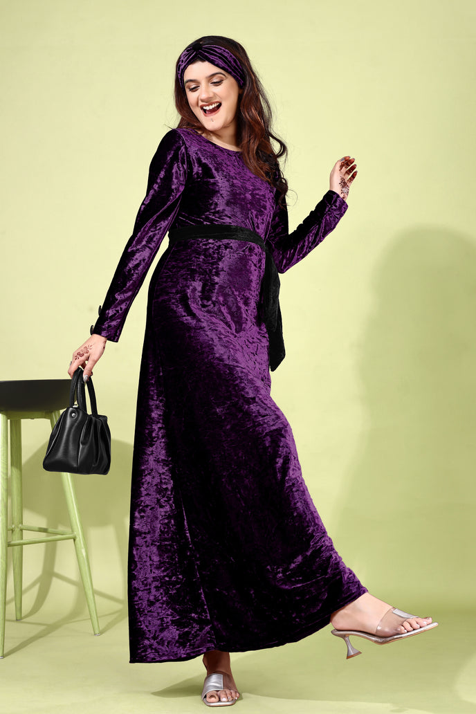 Velvet A-line Western Gown with Headband & Belt