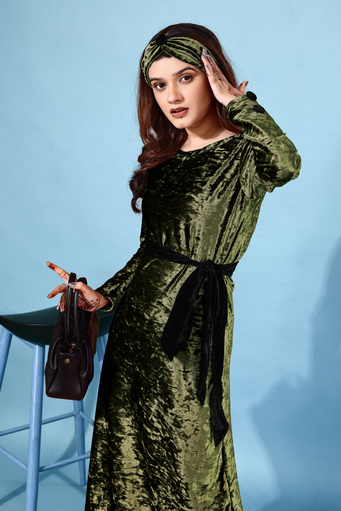 Velvet A-line Western Gown with Headband & Belt