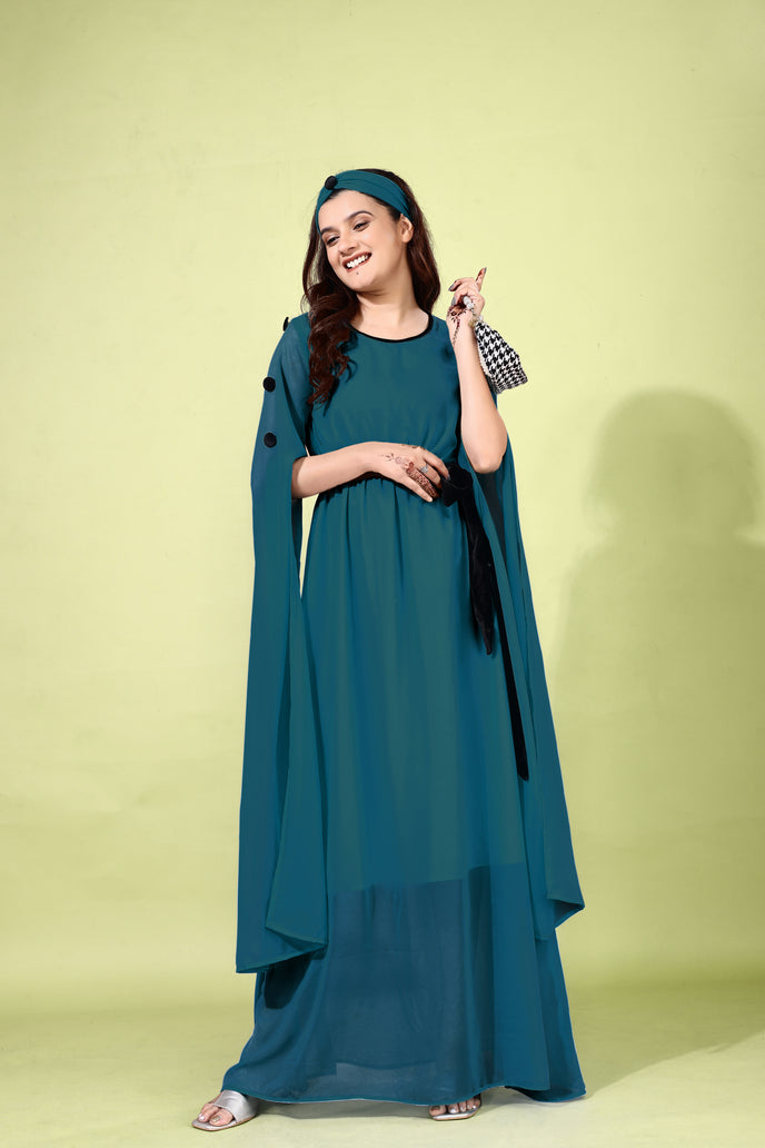 Fit and Flare Georgette Long Dress with Belt & Matching Headband