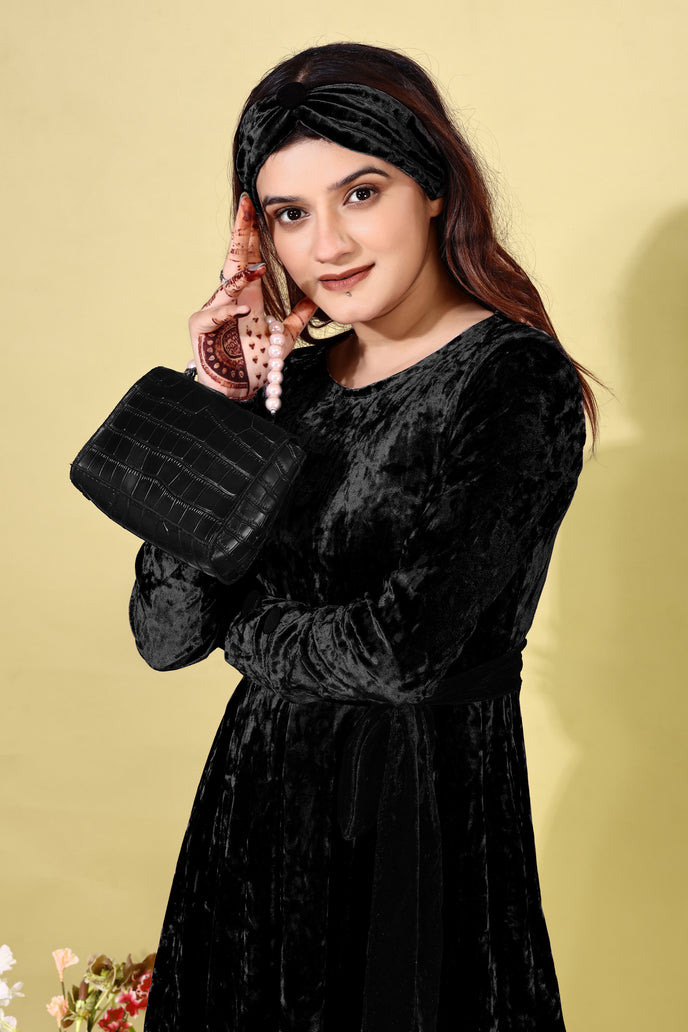 Korean Velvet Fit & Flare Mini Frock with Headband & Belt