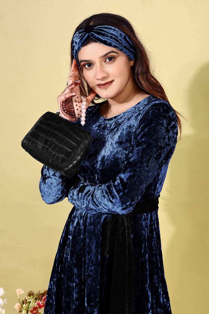 Korean Velvet Fit & Flare Mini Frock with Headband & Belt
