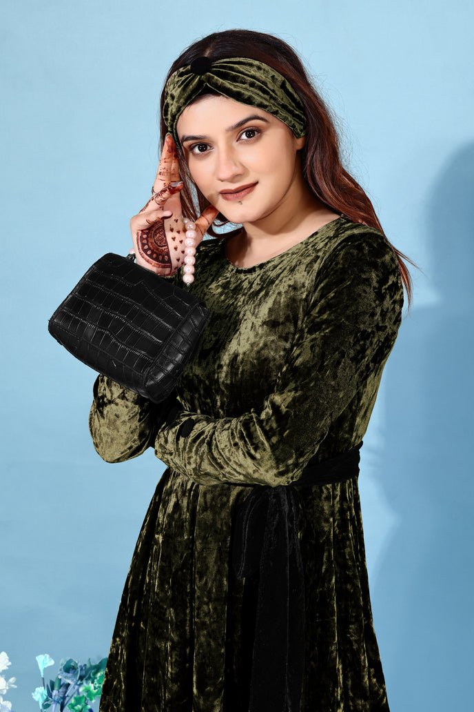 Korean Velvet Fit & Flare Mini Frock with Headband & Belt