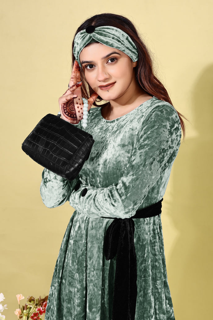 Korean Velvet Fit & Flare Mini Frock with Headband & Belt