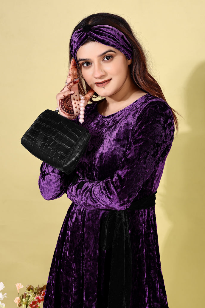 Korean Velvet Fit & Flare Mini Frock with Headband & Belt