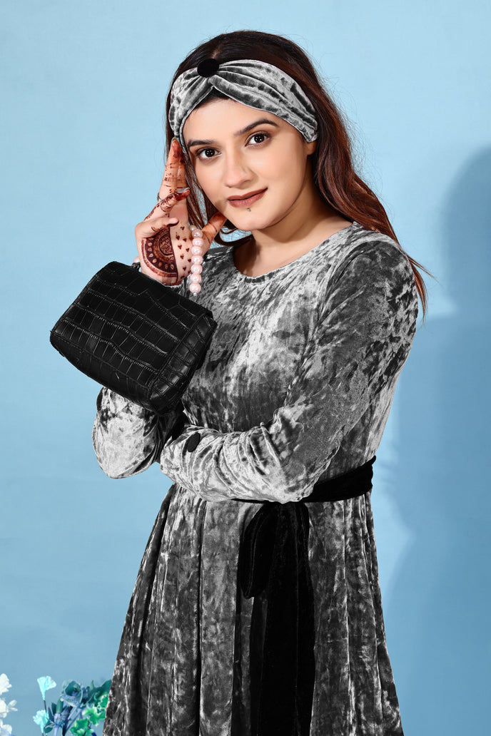 Korean Velvet Fit & Flare Mini Frock with Headband & Belt