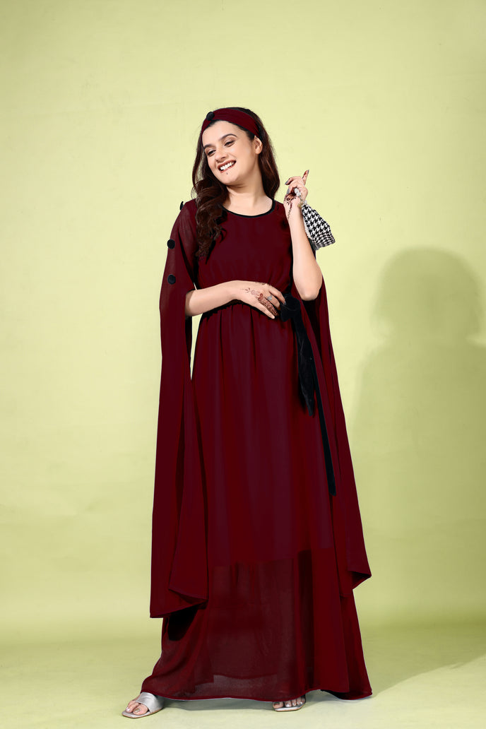 Fit and Flare Georgette Long Dress with Belt & Matching Headband
