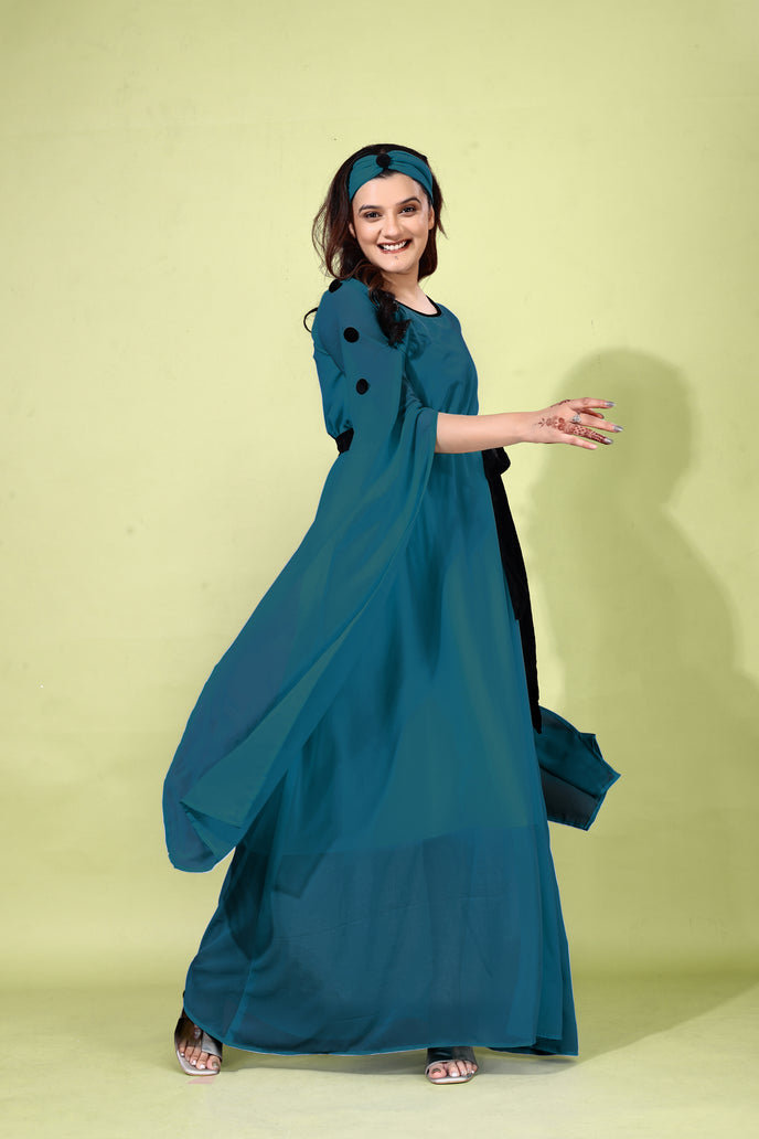 Fit and Flare Georgette Long Dress with Belt & Matching Headband