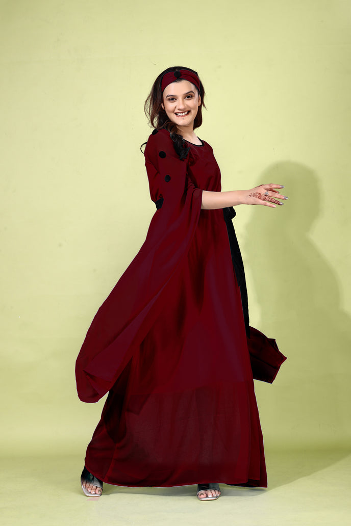 Fit and Flare Georgette Long Dress with Belt & Matching Headband