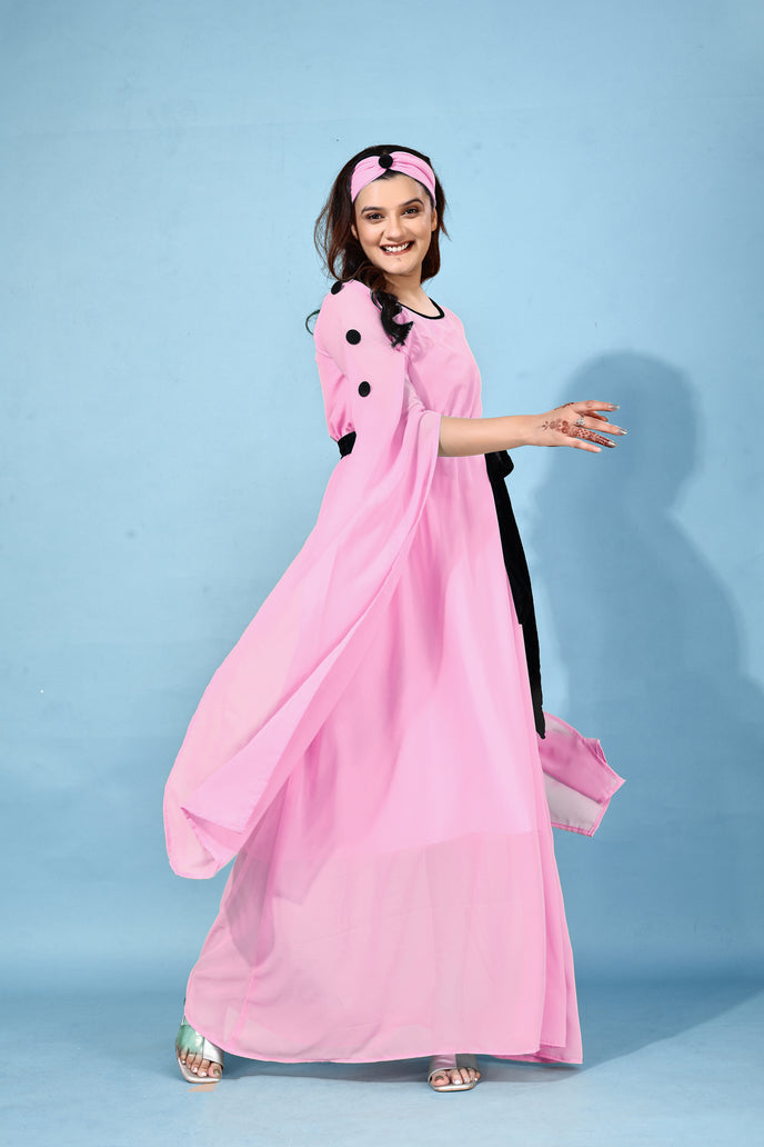 Fit and Flare Georgette Long Dress with Belt & Matching Headband