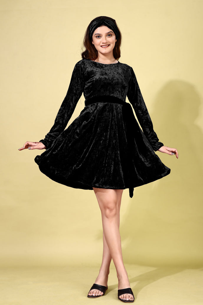 Korean Velvet Fit & Flare Mini Frock with Headband & Belt