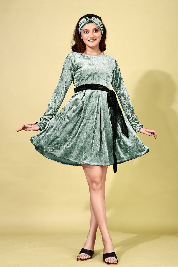 Korean Velvet Fit & Flare Mini Frock with Headband & Belt