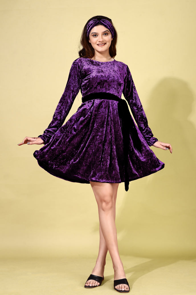 Korean Velvet Fit & Flare Mini Frock with Headband & Belt