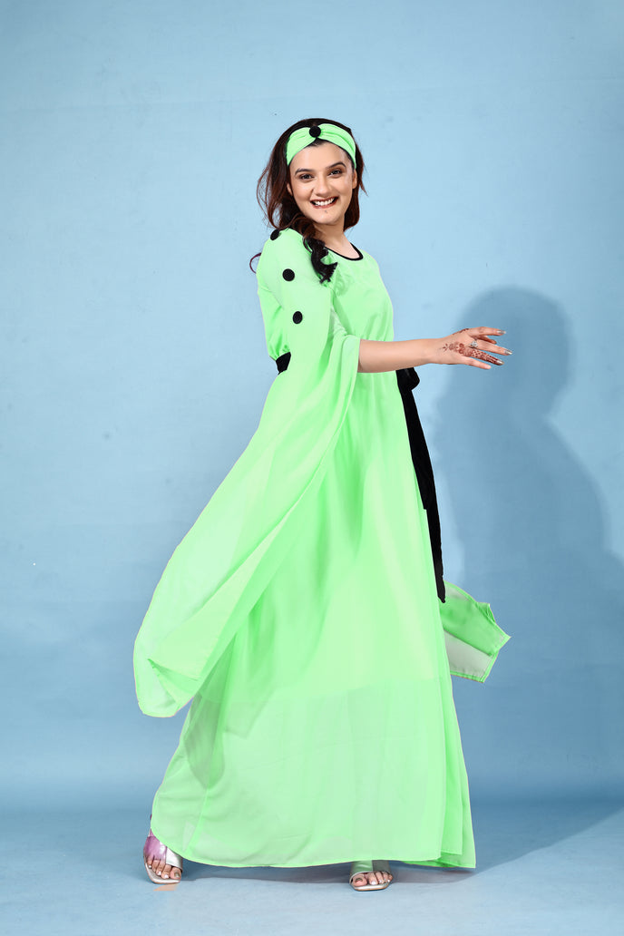 Fit and Flare Georgette Long Dress with Belt & Matching Headband