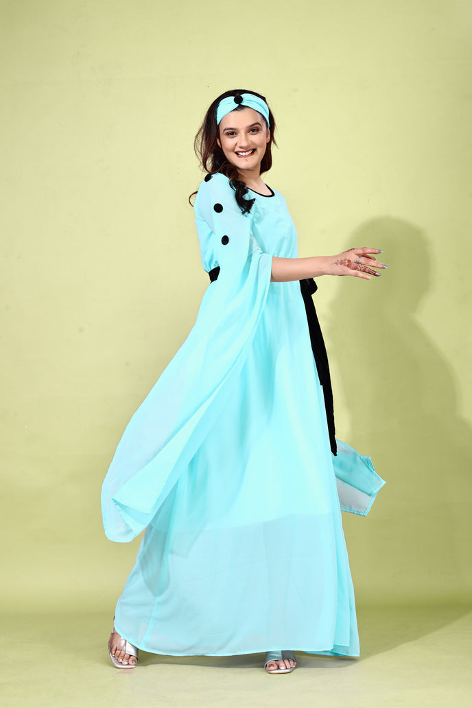 Fit and Flare Georgette Long Dress with Belt & Matching Headband