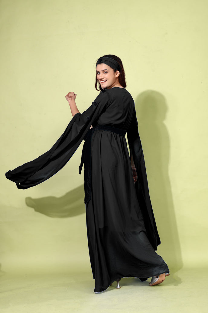 Fit and Flare Georgette Long Dress with Belt & Matching Headband
