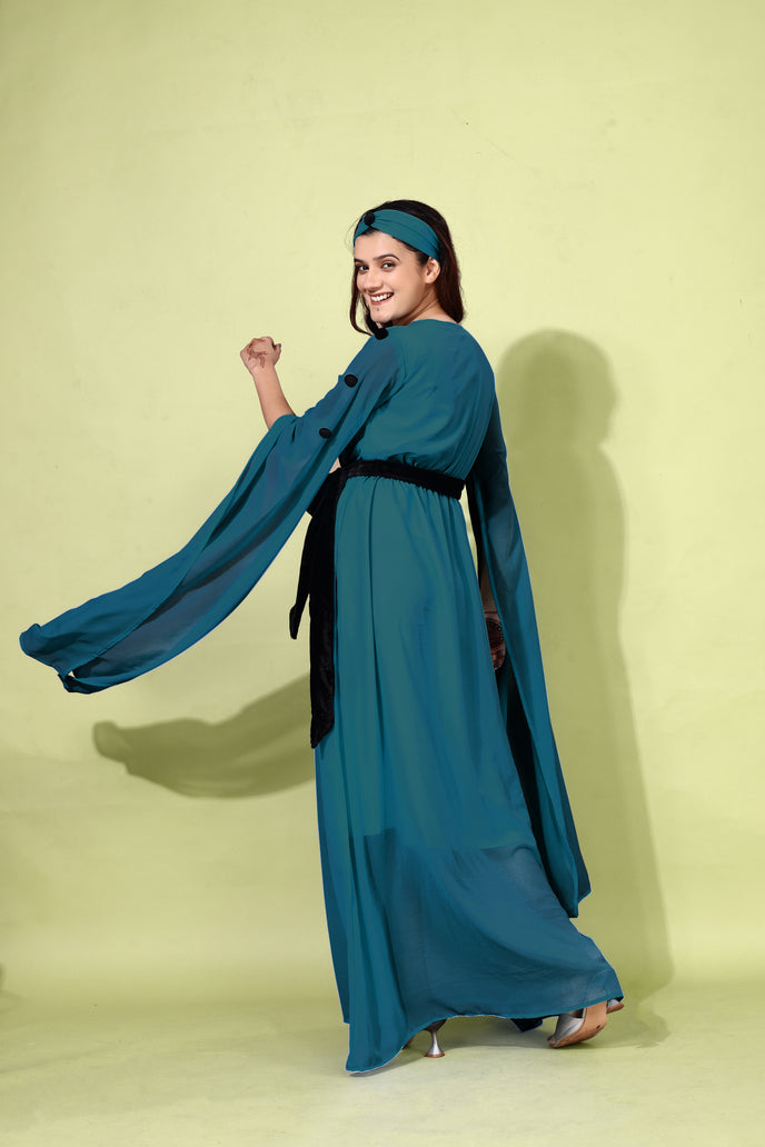 Fit and Flare Georgette Long Dress with Belt & Matching Headband
