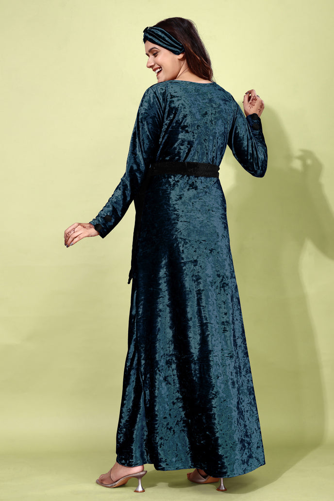 Velvet A-line Western Gown with Headband & Belt