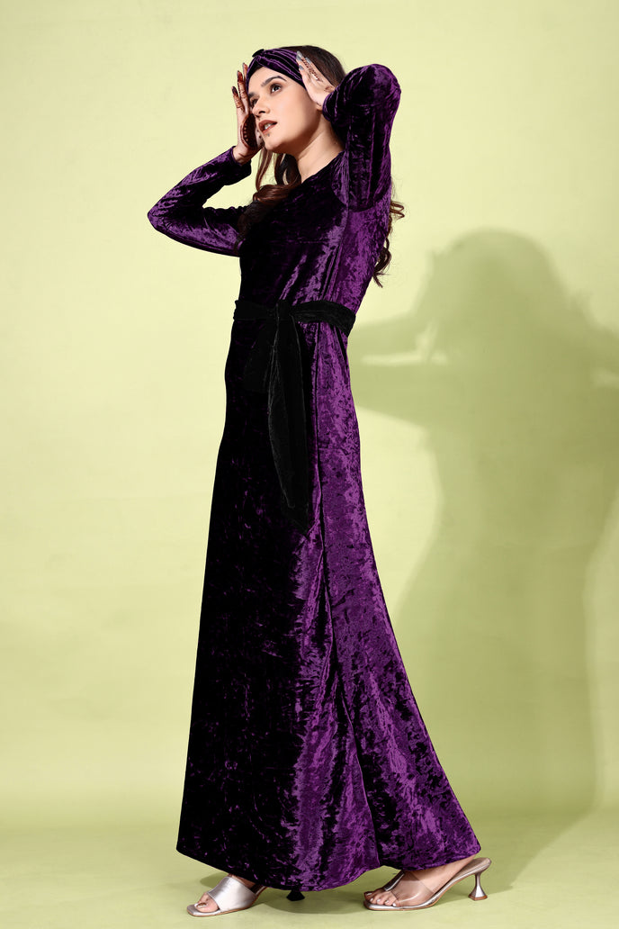 Velvet A-line Western Gown with Headband & Belt