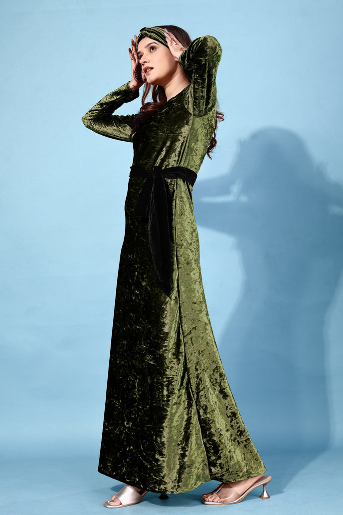 Velvet A-line Western Gown with Headband & Belt