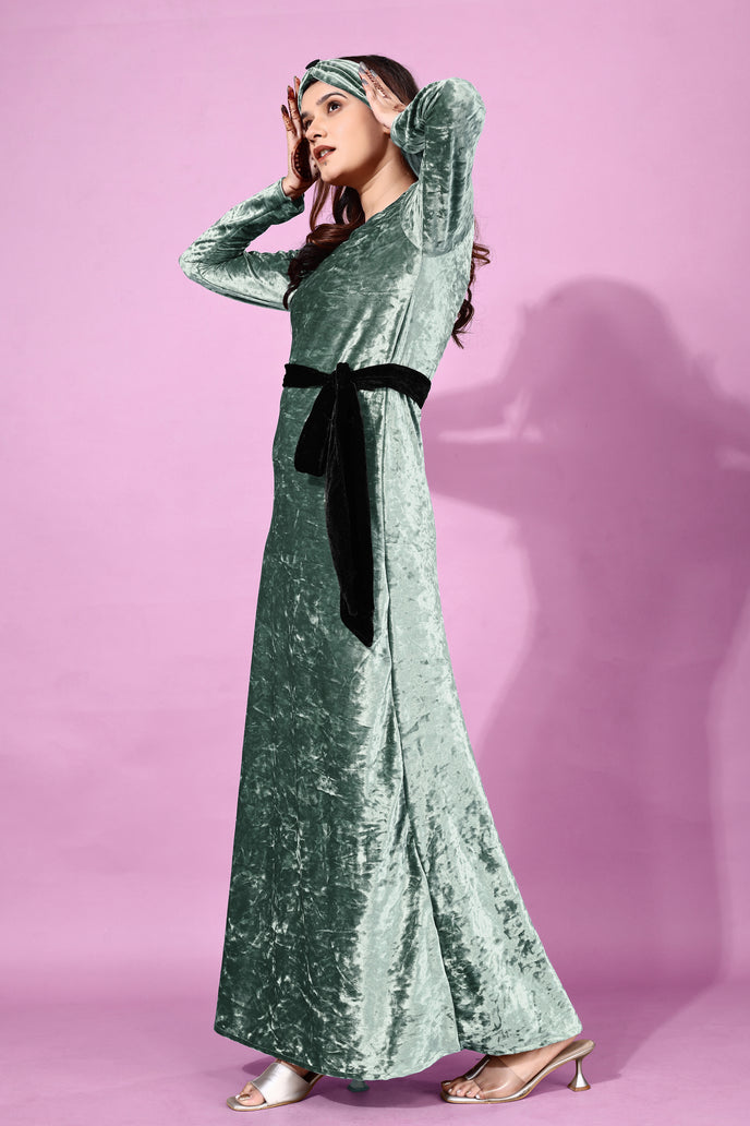 Velvet A-line Western Gown with Headband & Belt