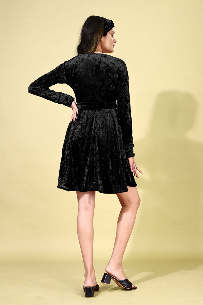 Korean Velvet Fit & Flare Mini Frock with Headband & Belt