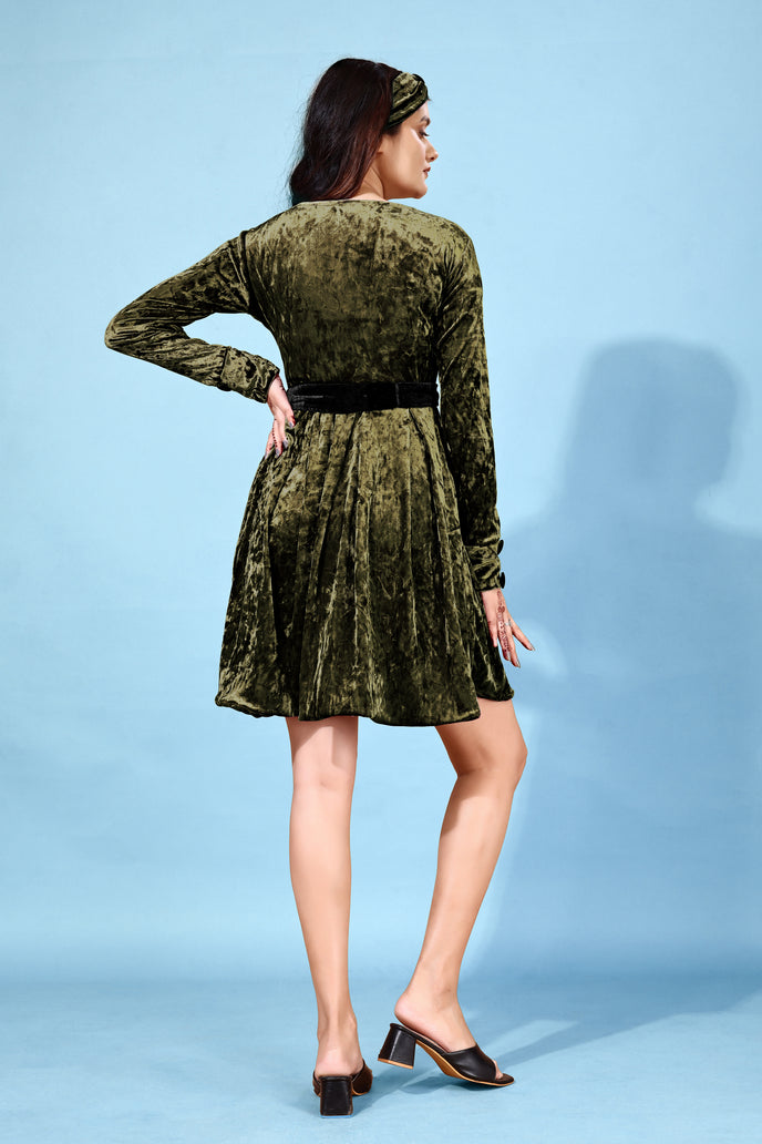 Korean Velvet Fit & Flare Mini Frock with Headband & Belt