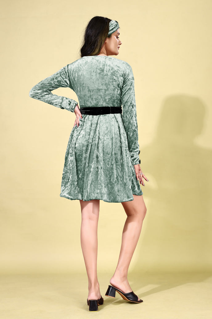 Korean Velvet Fit & Flare Mini Frock with Headband & Belt
