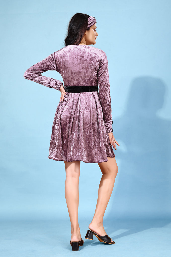Korean Velvet Fit & Flare Mini Frock with Headband & Belt