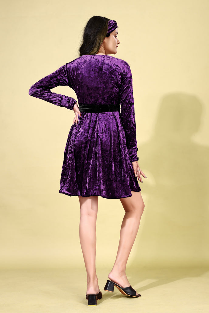 Korean Velvet Fit & Flare Mini Frock with Headband & Belt