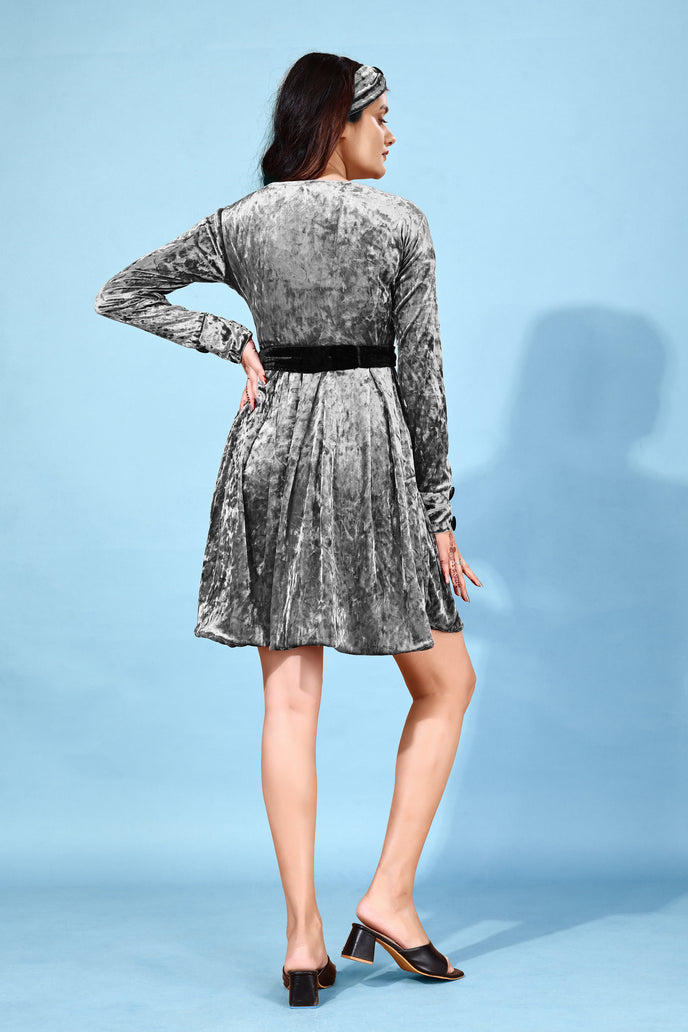 Korean Velvet Fit & Flare Mini Frock with Headband & Belt