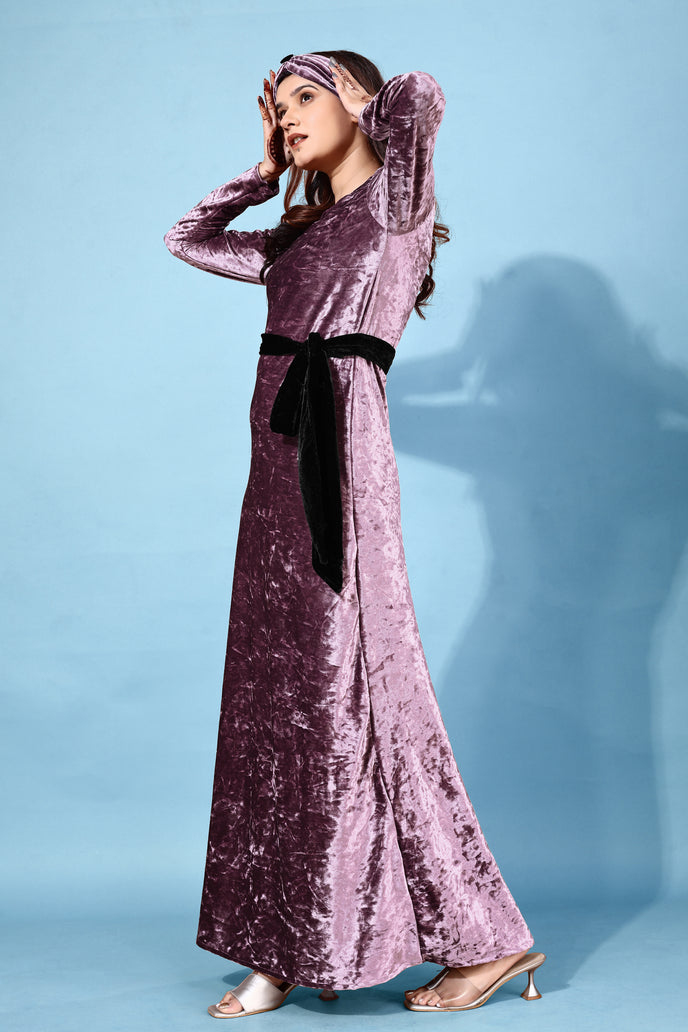 Velvet A-line Western Gown with Headband & Belt