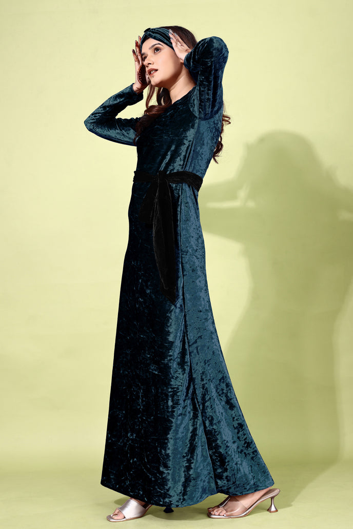 Velvet A-line Western Gown with Headband & Belt