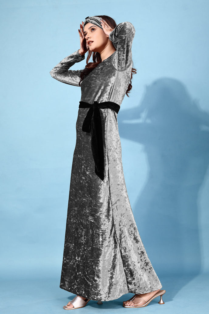 Velvet A-line Western Gown with Headband & Belt