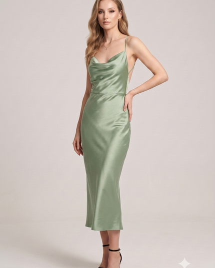 Bodycon Satin Cowl Neck Midi Dress