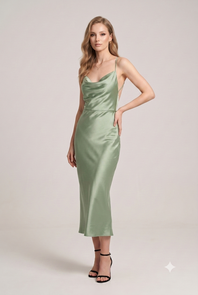 Bodycon Satin Cowl Neck Midi Dress