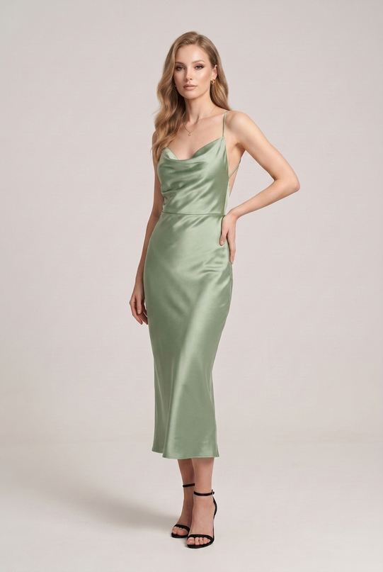 Bodycon Satin Cowl Neck Backless Midi Dress